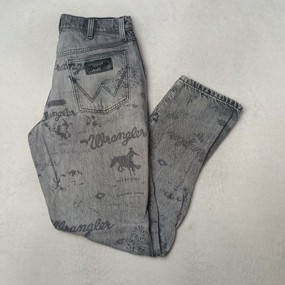Wrangler Jeans Mens 34x32 Gray Tapered Relaxed Cowboy Animal Print Rodeo Western
